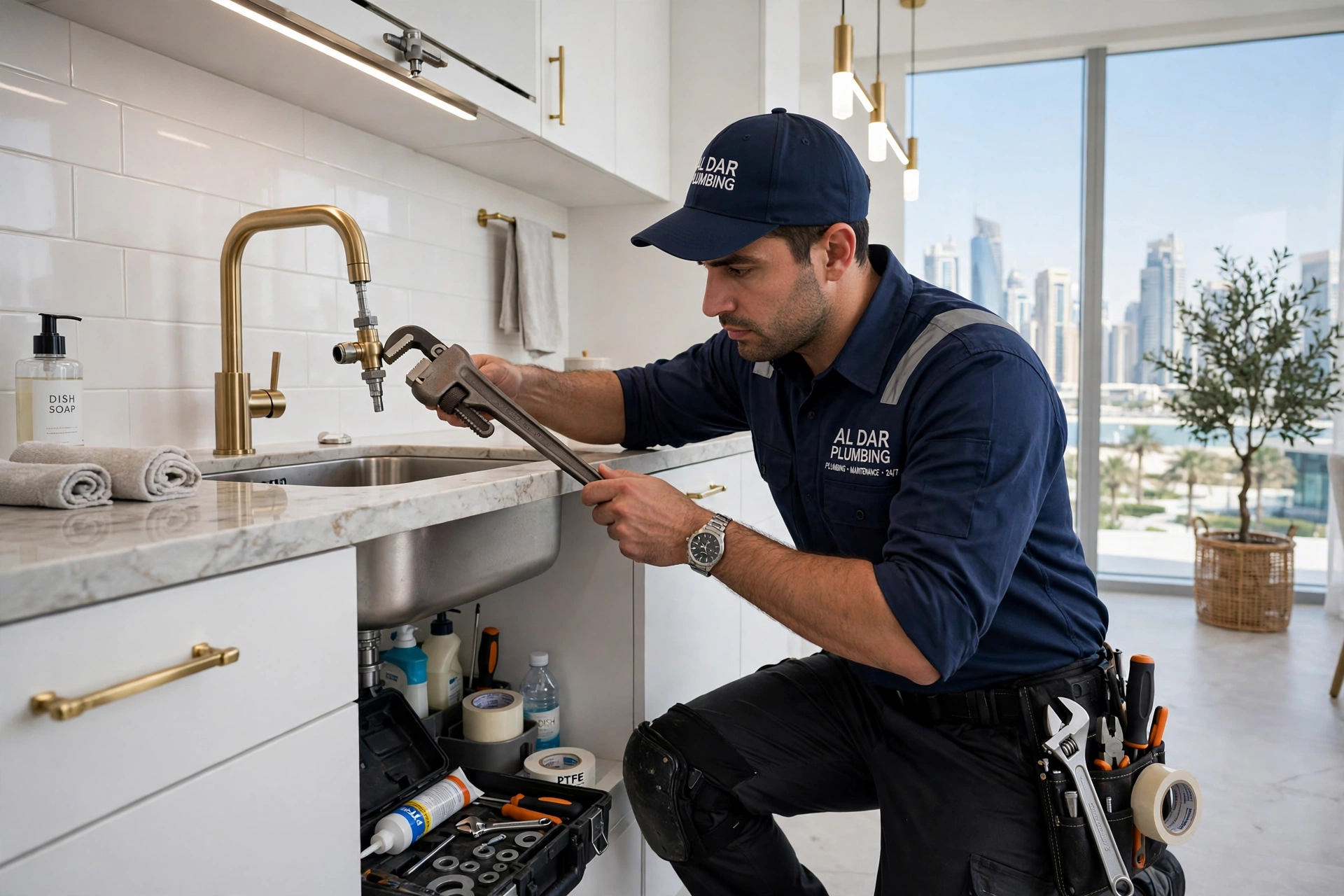 Plumber fixing a tap in Abu Dhabi